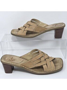 WHITE MOUNTAIN Tan Leather Block Heel Aruba Slides Sandals Womens 9 Coastal Boho
